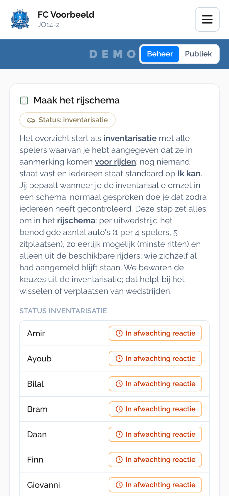 Beheer van het rijschema in TeamTaak: inventarisatie van rijders en de knop om het schema te maken