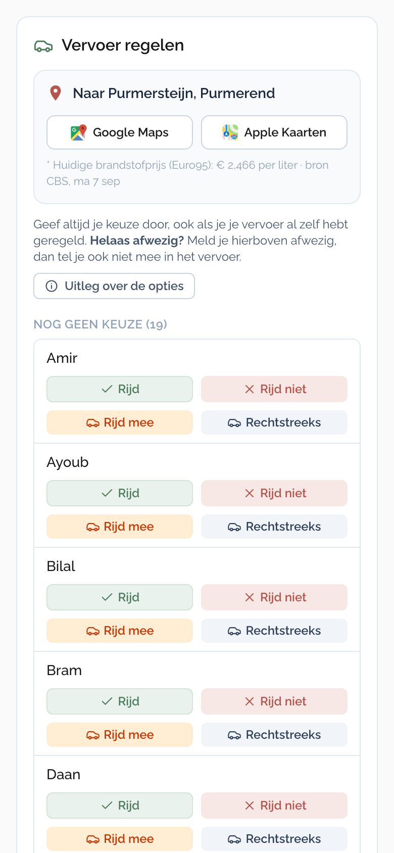 Vervoer per uitwedstrijd op de telefoon: de samenvatting, de auto's met vrije plekken en de keuzeknoppen per speler