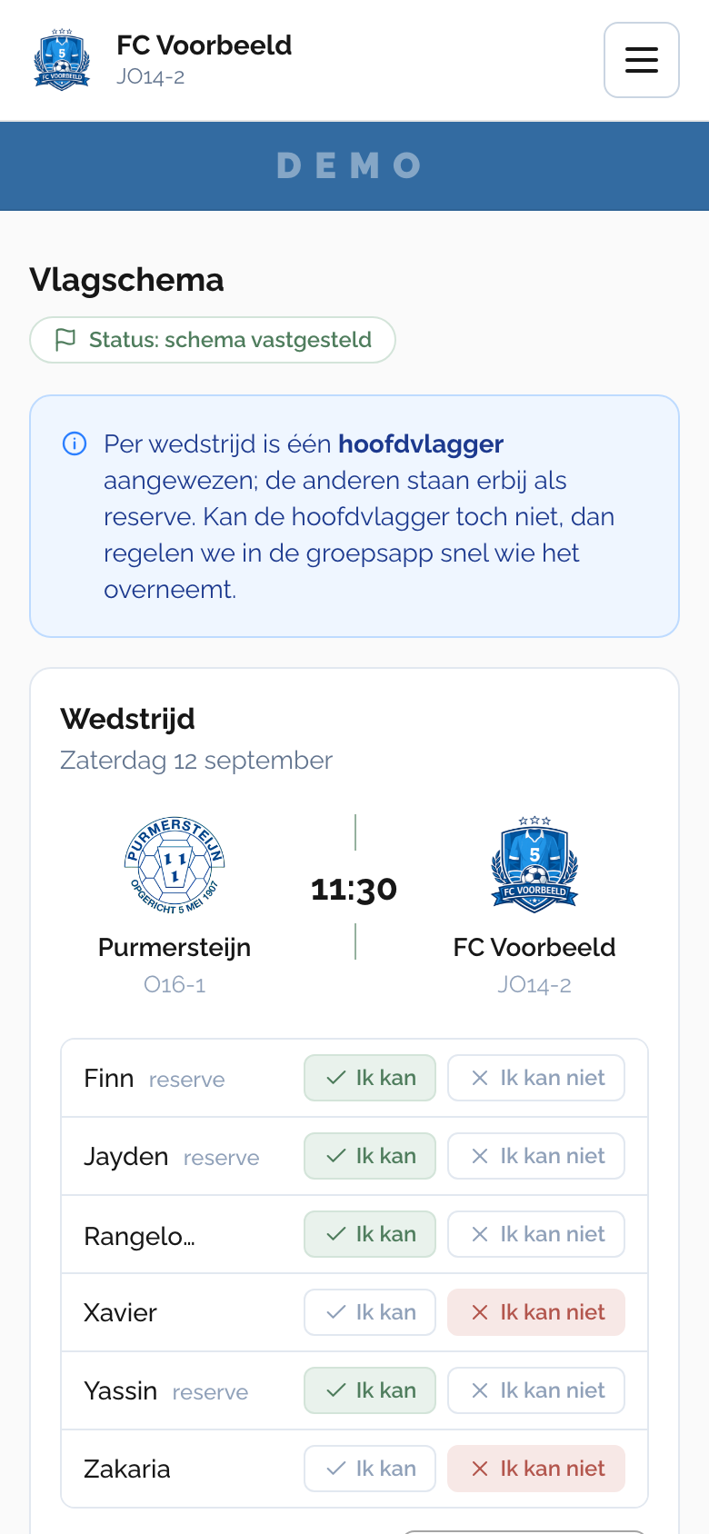 Het publieke vlagschema van een voetbalteam op de telefoon: per wedstrijd de hoofdvlagger en de reserve
