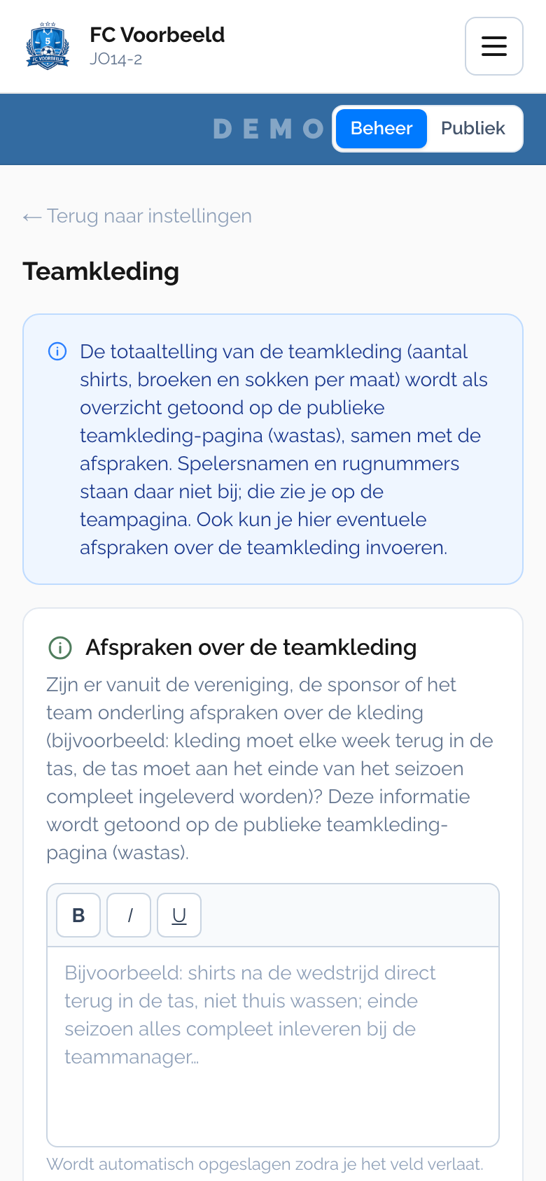 Beheer van de wastas en teamkleding in TeamTaak: afspraken, shirts, broekjes en sokken met maten