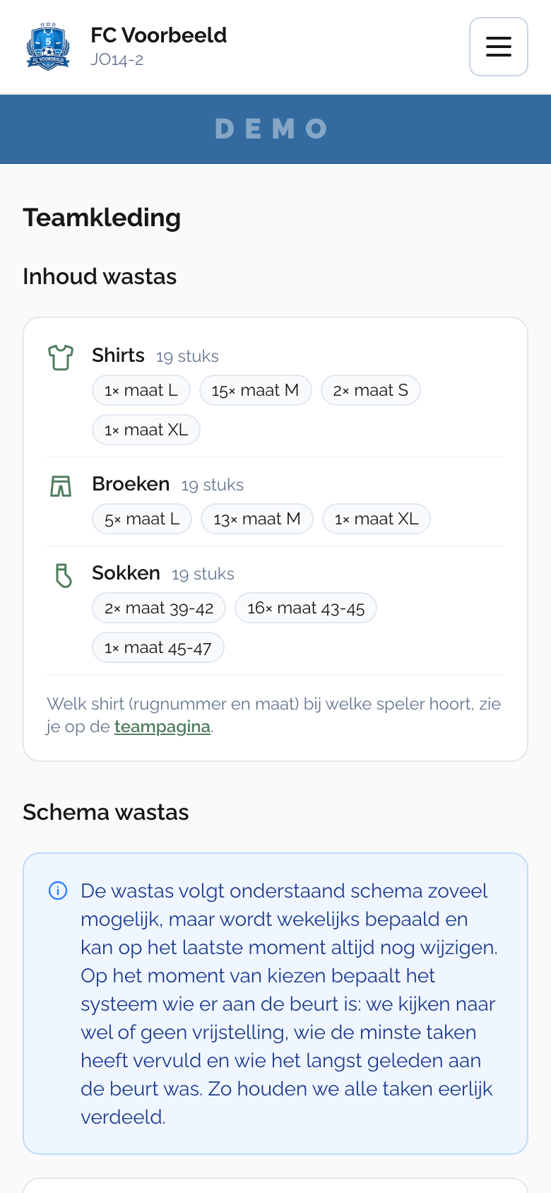 De publieke wastaspagina van een voetbalteam op de telefoon: wie de wastas heeft en de teamkleding